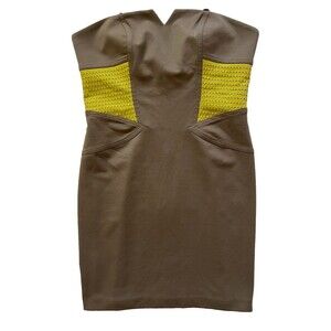 BCBGeneration Taupe And Chartreuse Strapless Bodycon Mini Dress, Size 12, NEW!